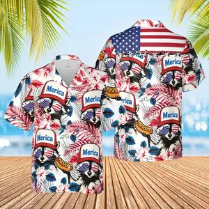 4th of July Patriotic Hawaiian Shirt, USA Flag Hotdog Style Tropical Short Sleeve Shirt, Summer Aloha Button Down Shirt, Gift for Him or Her