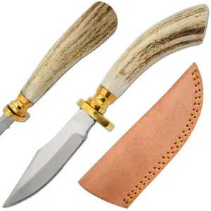 Wild Turkey Handmade - Outdoors Fixed Blade Knife 8" Overall 4.5" Real Montana Stag Handle Brass Hilt, Leather Sheath