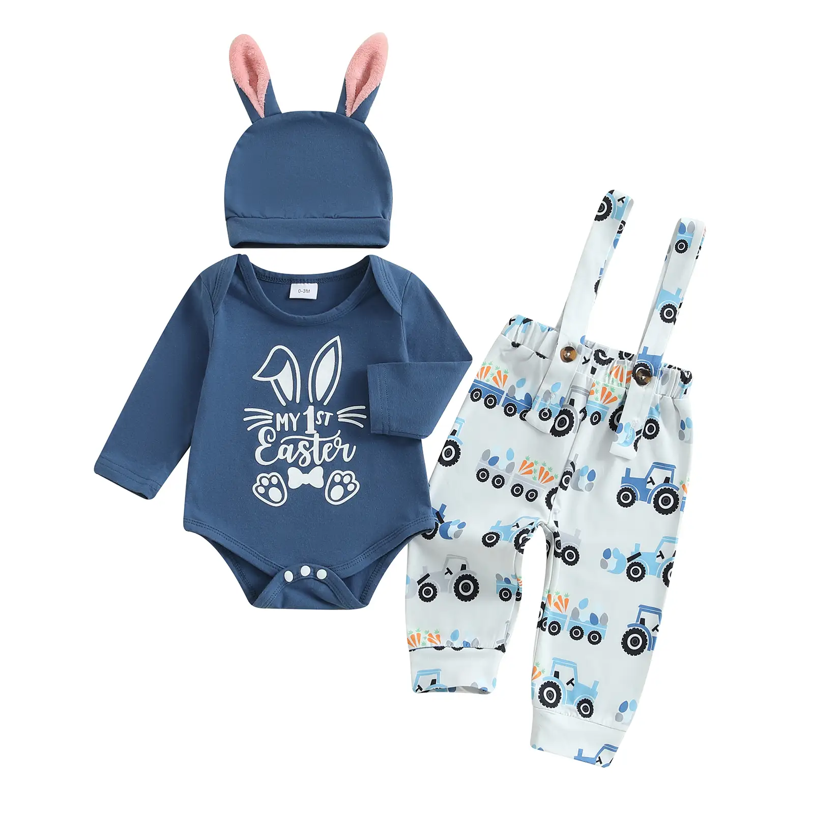 My First Easter Baby Boy Outfit Long Sleeve Bunny Sweatshirt Romper Tractor Print Suspender Pants Overalls Bunny Ear Hat 3Pcs Set #Springtok