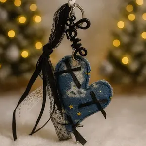 Black Lace Denim Heart Charm Accessory - Compact Easy to Carry - Versatile Usage - Easy Clip On Design for Bags Purses Keychains & More