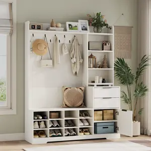 5-in-1 Entryway Hall Tree with Bench and Shoe Storage,Entryway Bench with Coat Rack and storage cabinet,Shoe Cubbies & Coat Hooks,Farmhouse Entryway Bench with Drawer(White) wardrobe  organization