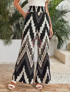 Boho Graphic Print Shirred Waistband Wide Leg Pants High Waist Loose Fit Elastic Waistline with Pockets for Women All Seasons Bottoms Non Stretch Polyester Loose Fit Type Long Length US Size Versatile Design