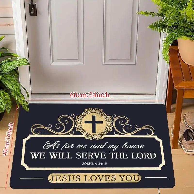 AISOON OFFICIAL Christian Doormat with Cross Motif, Biblical Quote "As For Me And My House We Will Serve The Lord", Religious Faith Farmhouse Decor for Home Entrance Indoors Outdoors