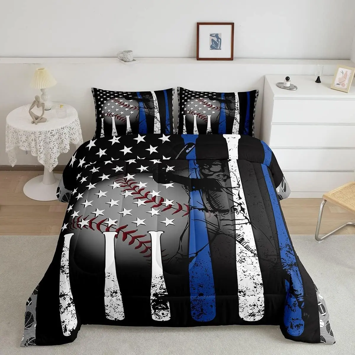 Feelyou Microfiber Baseball Bedding Set - Grunge Style Comforter Set with Baseball Bat, Basketball, Softball Designs, American Flag Stars Quilted Duvet for Ball Sports Enthusiasts, Microfiber Bedding Set
