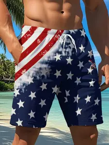 Men's Fashion Beach Shorts, Swimwear Shorts, Summer Swim Bottoms, 3D American Flag Pattern, Casual Polyester Fiber Drawstring Waist, Lightweight Comfortable Summer Wear