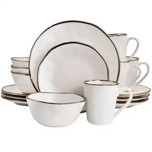 Modern 16 Piece Stoneware Dinnerware Set in Matte White with Gold Rim