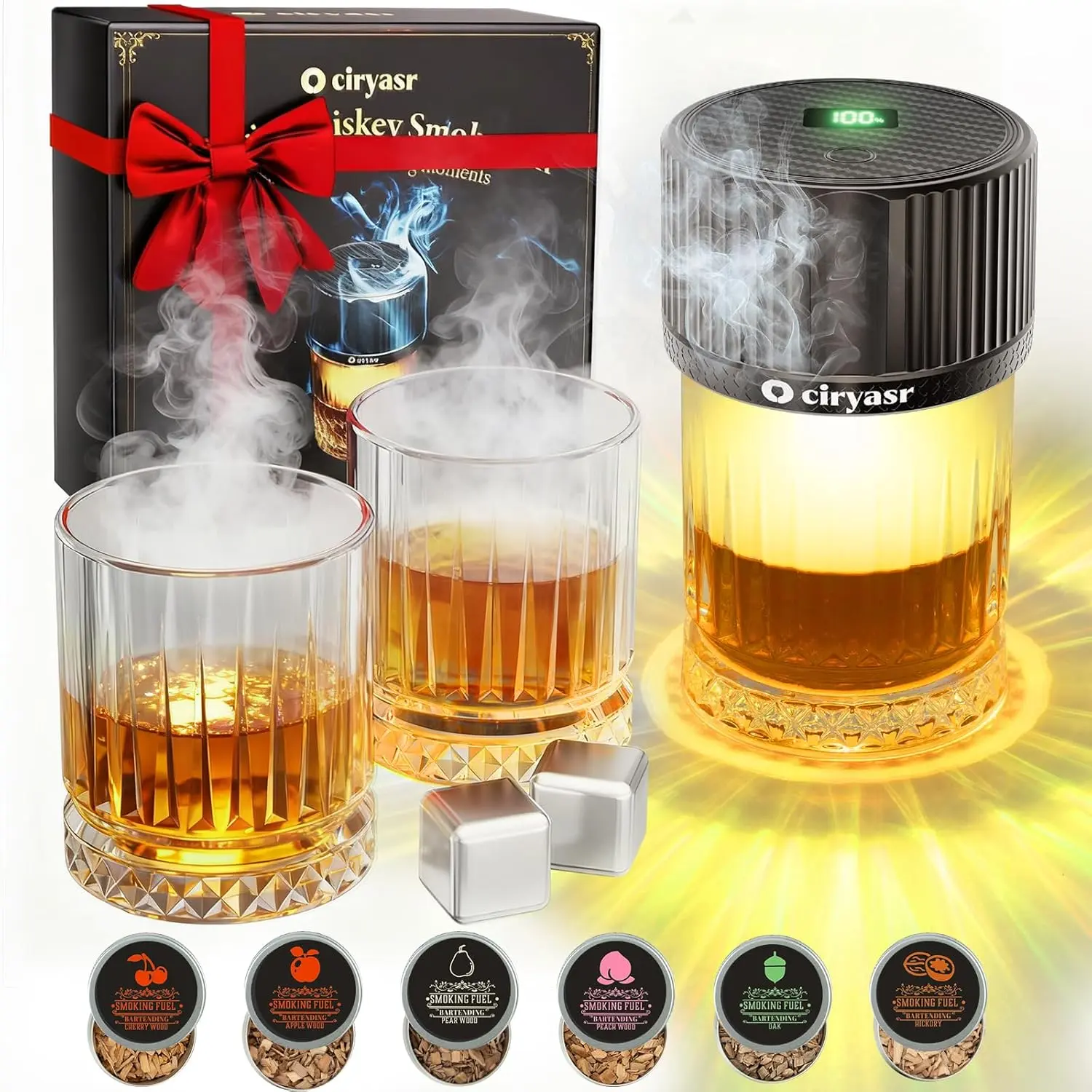 Electric Whiskey Cocktail Smoker Kit - Built-in Lighter, Rechargeable & No Butane Needed, 6 Wood Chips Included, Ideal Valentine's Day, Birthday & Bourbon Gifts for Men, Dad, Husband