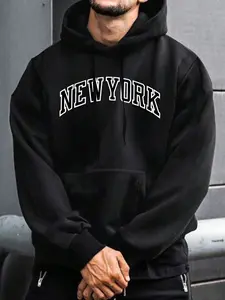 Men's Knitted Hoodie Casual Sporty Sweatshirt New York Letter Print Loose-Fit Long Sleeve Pullover Fall & Winter Streetwear, Comfortable Kint Fabric