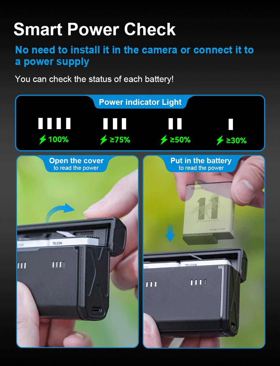 TELESIN 3-Channel Battery Charger for GoPro Hero 11/10/9, Portable Charging Case with 4-LED Power Display, Supports Enduro Battery & TF Card Storage Chargeable