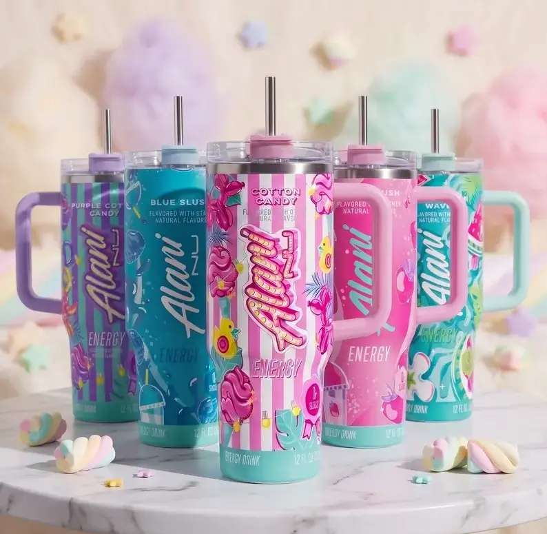 Alani Nu Stainless Steel Tumbler Set (40oz & 20oz) with Gift Box, Straw, Handle, Double Wall Vacuum Insulation, UV Print, Car Cup Holder-Fit Drinkware for Athletes, Athletic Gift (Cotton Candy/Watermelon Wave/Strawberry Sunrise)