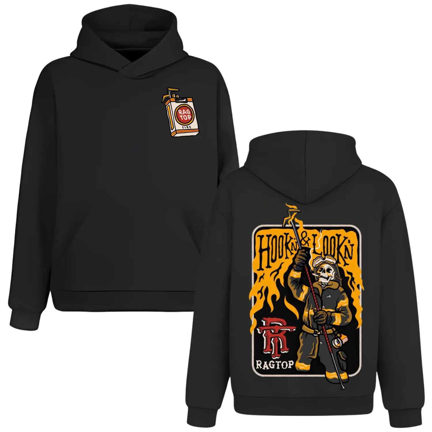 Hook N Look Skeleton Firefighter Ragtop Hoodie, 2 Sides, Vintage Ragtop Fire Matchbox Skeleton Firefighter Pullover, Badass Fireman Truckie Skull Skeleton Firefighter Hooded Sweatshirt