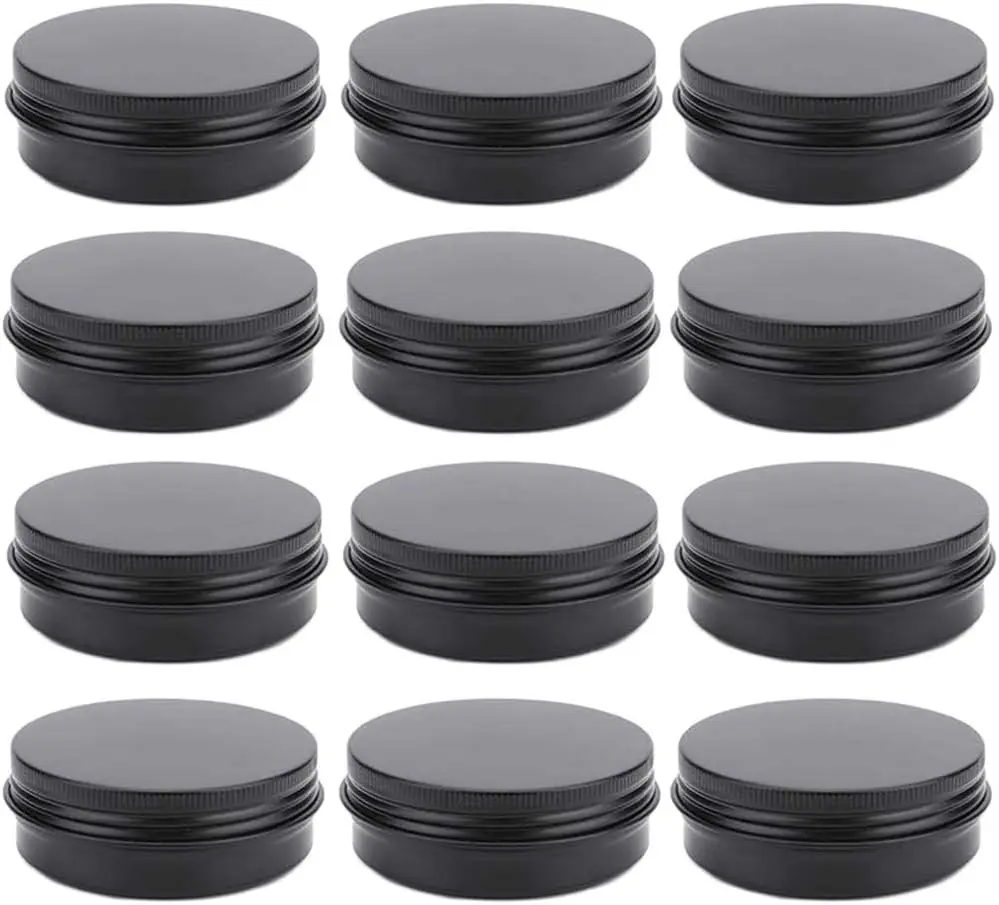 12 Pack 2 oz Aluminum Tin Jar 60 ml Round Refillable Containers,Black Aluminum Cosmetic Sample Containers with Screw Lid for Spice,Salve,Powder or Candies