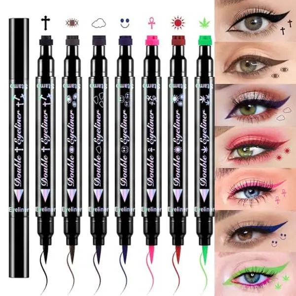 evpct 7Pcs Colored Eye Liners Face Stamp Cosplay Gothic Makeup Set Kit Accessories, Black Brown Purple Blue Red Pink Green Stamps Eyeliner, Star Flowers Heart Moon Triangle Lightning Butterfly Stamp