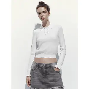 URBAN REVIVO Women's Fitted Basic Thin Wool Long-Sleeve Knitted Polo T-Shirt - Soft Polyester-Blend Top, Casual Minimalist for Daily Wear, Essential Tshirt & Women's Clothes