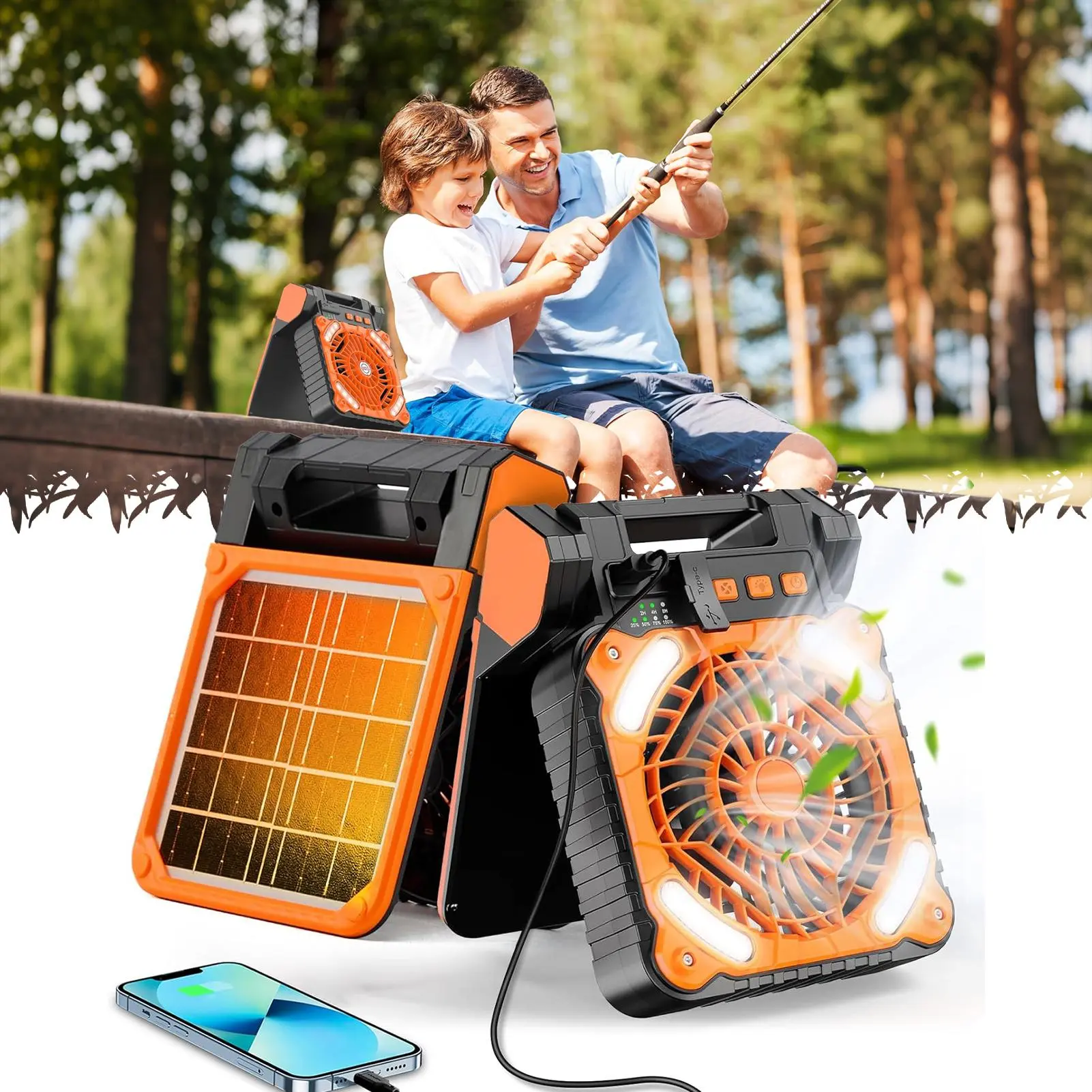 ISUNMEA Solar Camping Fan with Lantern - Rechargeable Battery Operated Fan, 18H Run Time Max, 4 Speeds, 8H Timer, 90° Adjustable Portable Desk Fan for Hurricane, Power Outage, Outdoor Use Multifunction Fan High Velocity Fan