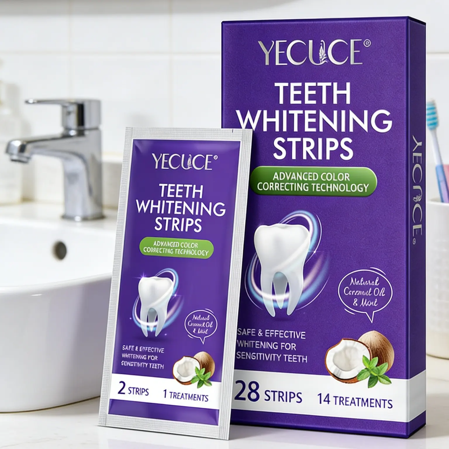 Yecuce Teeth Stickers 14pcs, Tooth Brightening Strips, Non Sensitive Whitener, Contains Hydroxyapatite, Removes Stains, Whitening Effect, 14 Times Dental Care Kit, Teeth Brightener Strips, No Peroxide