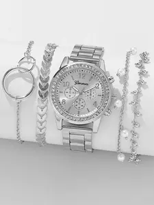 5-Piece Women's Quartz Watch Set: Silver Round Dial, Triple Sub-dial Design, Leather Strap Style, Crystal Accents, Gift Ready with Women's Jewelry Accessories
