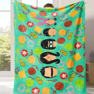 Burger Family Flannel Blanket Cartoon Food Print Soft and Warm Lightweight and Cozy Perfect for Sofa Bed Travel Camping and Makes a Great Gift for Food Lovers and Cartoon Fans Suitable for all four seasons A gift suitable fo