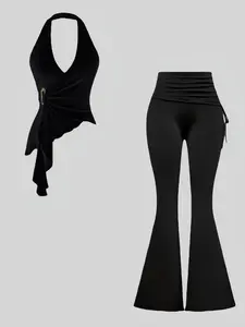 Spring Autumn Pure Desire Halter Neck Top, Asymmetric Irregular Hem Design, Foldover Slim Fit Long Pants Set, Two-Piece for Women