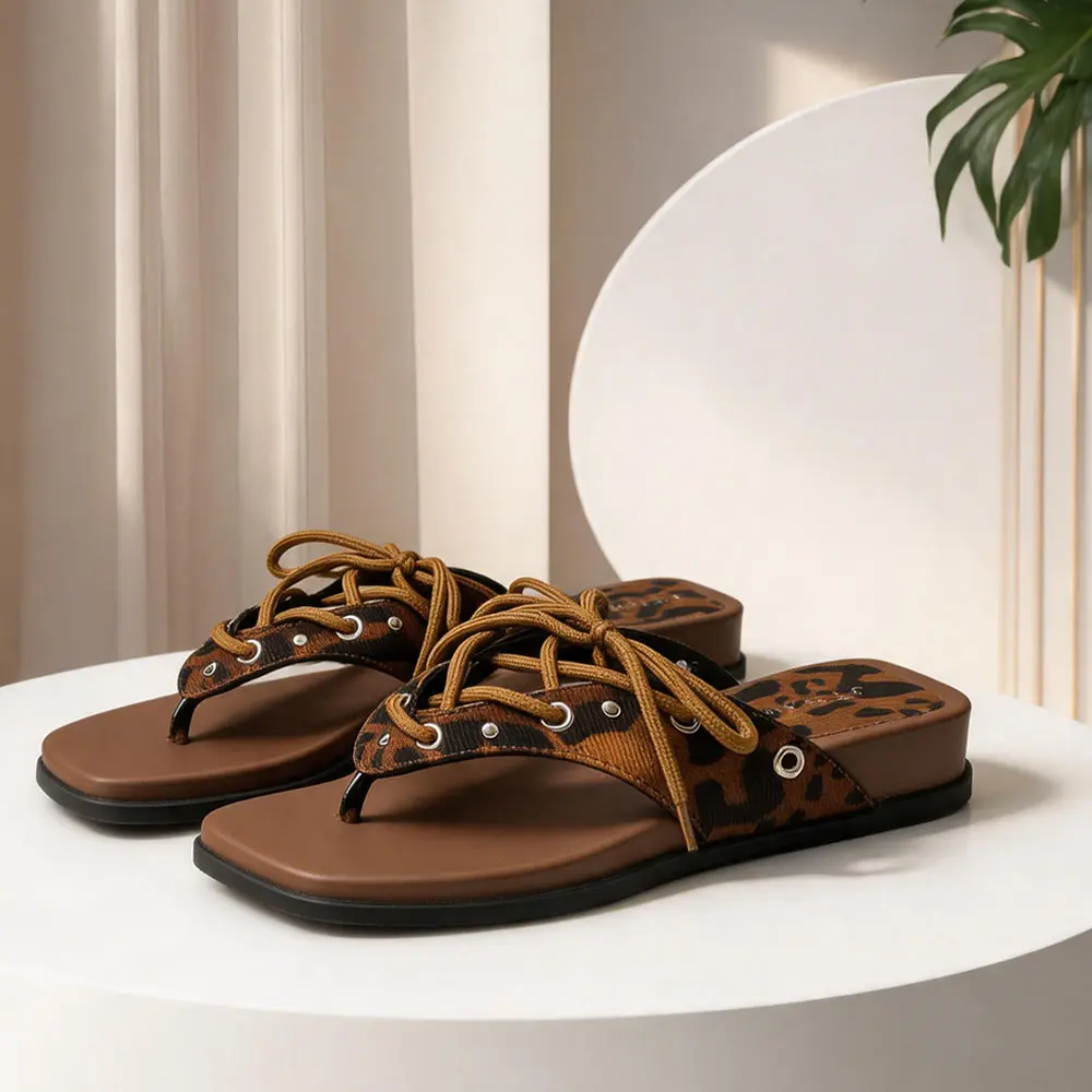 Leopard Lace-Up Thong Sandals | Y2K Square Toe Chunky Platform Slides for women | Non-Slip Summer Footwear
