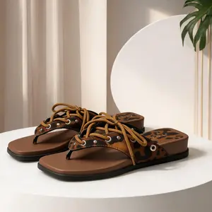 Leopard Print Lace-Up Flip Flops | Y2K Chunky Platform Sandals for Women | Non-Slip Summer Slides for Beach, Casual Wear