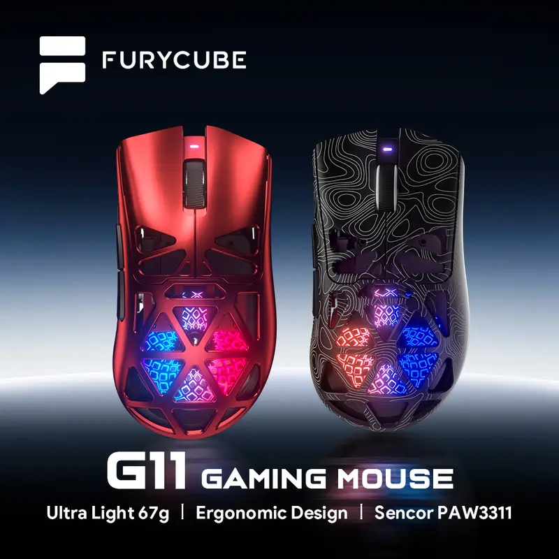 FURYCUBE G11 Series Lightweight Gaming Mouse - PAW3311 Sensor, RGB Lighting Backlit Mouse, 2.4G Bluetooth, Long Battery Life, Knob Function, Fire Key, Breathable Shell, DPI Adjustable, 2.4G Wireless, PC Accessories for Laptop PC, Gamer Stuff