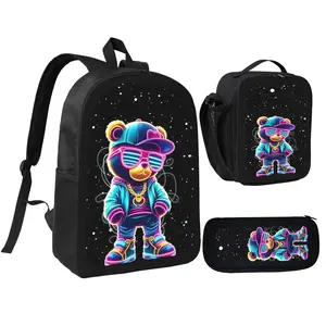 Cartoon Bear Backpack With Lunch Box Pencil Case 3 In 1 For Boy Girl Teen Schoolbag Lightweight Large Capacity 600D Oxford Cloth Adjustable Straps Comfortable Mesh Back Cushioning backpack goals-E