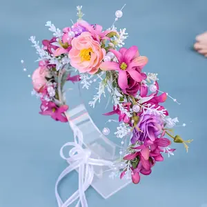 Wedding Flower Crown Headband, Realistic Fake Flowers Hair Band, Handmade Beaded Floral Headpiece for Women, Bride Tiara Accessory