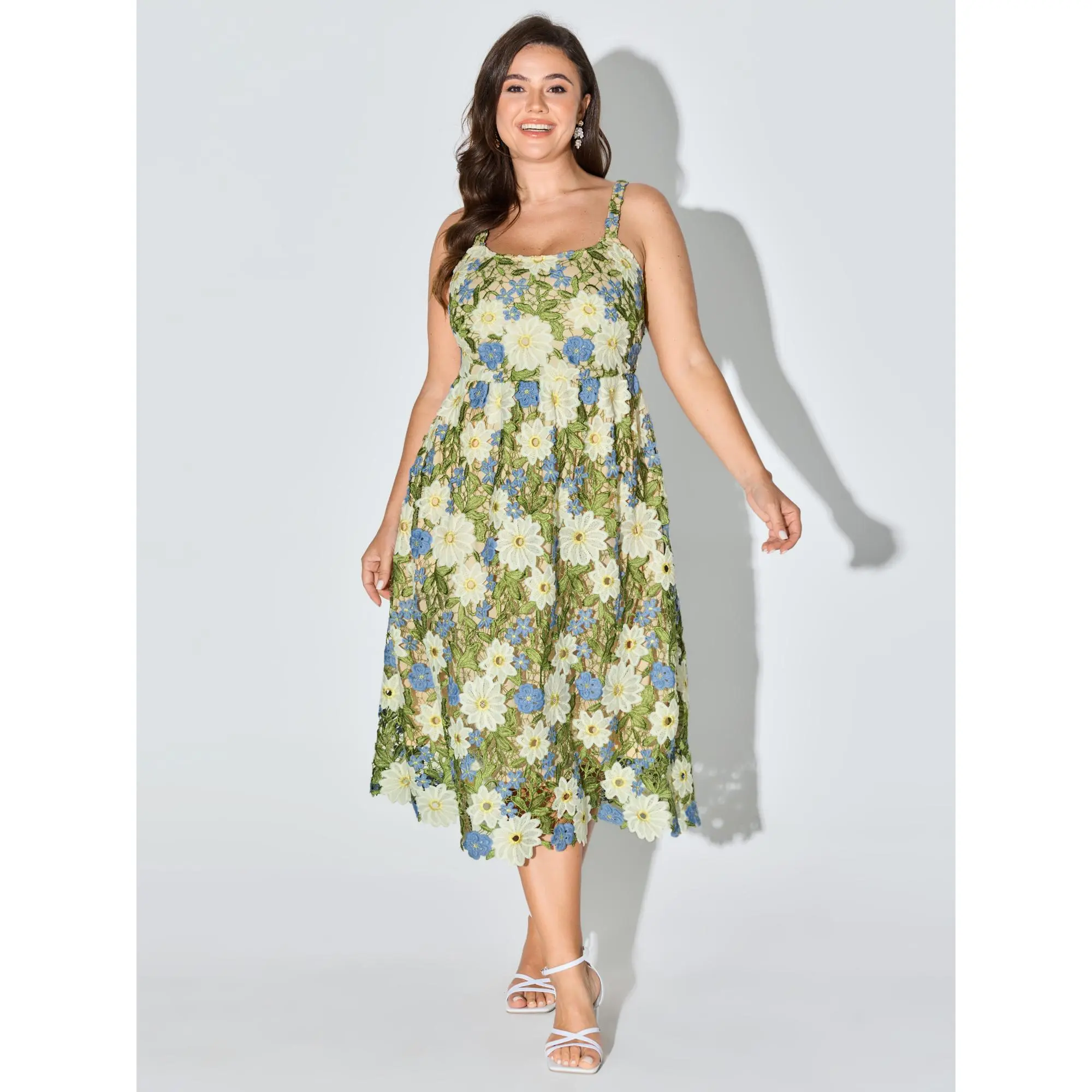 BloomChic Women's Plus Size Floral Embroidered Midi Dress, Sleeveless Casual Party Style with a Side Pocket in Breathable Fabric, Simple, Garment, Everyday, Flowers, Dress Casual, Ditsy Floral, Polyester Blend, Smooth, Low Iron, Going Out, Floral Print