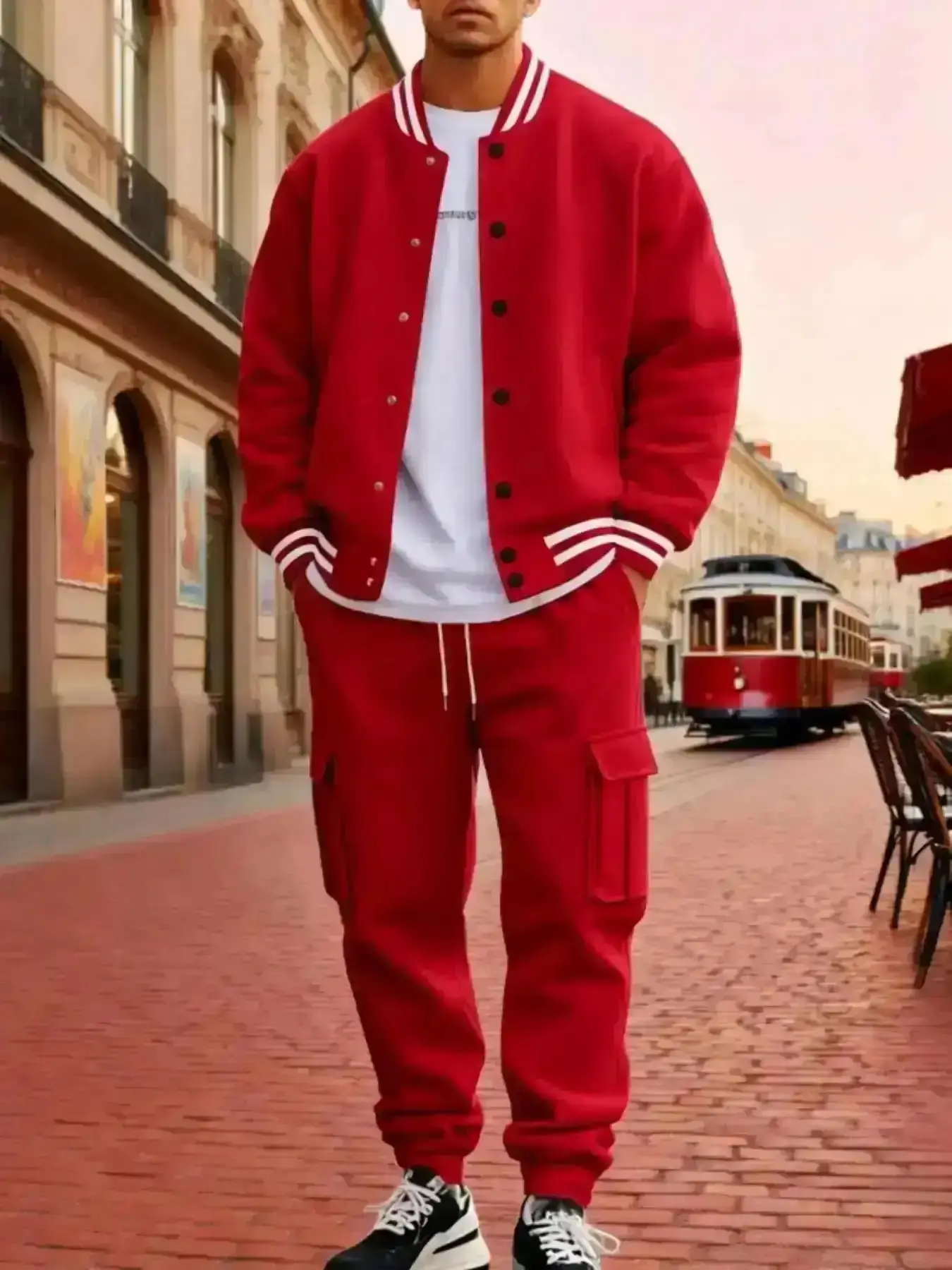 2026 Men's Fall, Sports Casual Warm Fleece Two-Piece Set for Daliy Wear, Fitted Baseball Jacket & Cargo Pants, Essential Wardrobe Item, Men's Hoodie, Casual Jacket, Men's Apparel, Multi-Pocket Design