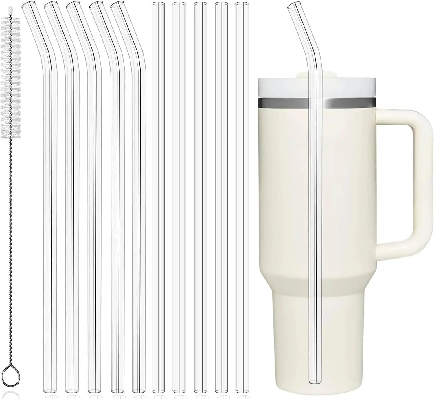10-Piece Reusable Curved Plastic Cups Straw Attachment for 30-40oz Tumbler Cups, Heat-Resistant Kitchenware Bar Utensils with Cleaning Brush, Ideal for Coffee & Smoothie Drinking, Cups Straw Attachment Coffee