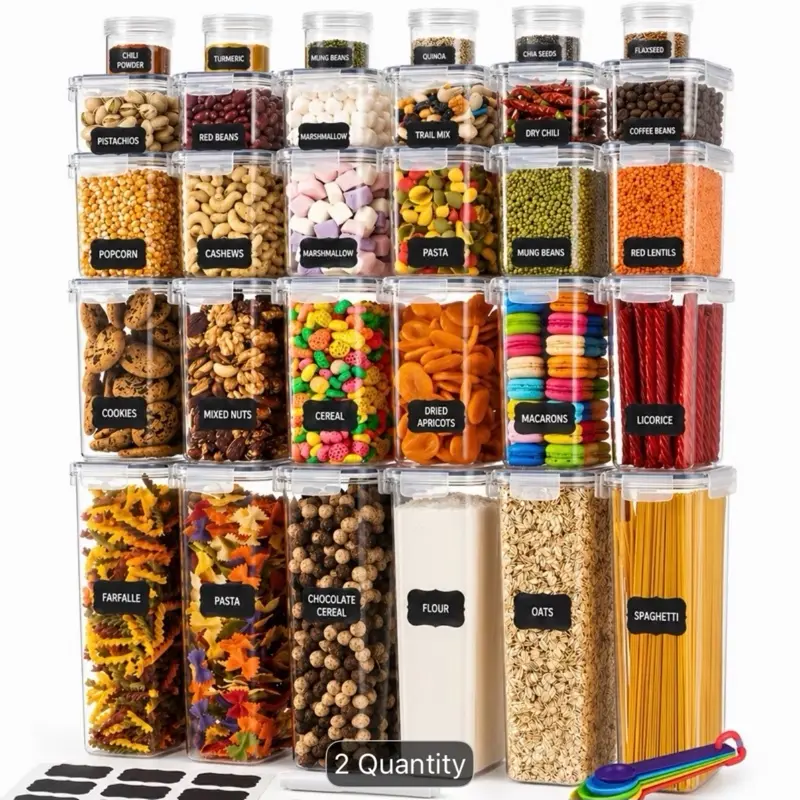 Airtight Food Storage Containers Set (44pcs/60pcs) with Lids, Clear Stackable BPA-Free Leakproof Pantry Organizer Canisters, Includes Labels, Marker, Measuring Spoons for Cereal, Flour, Pasta