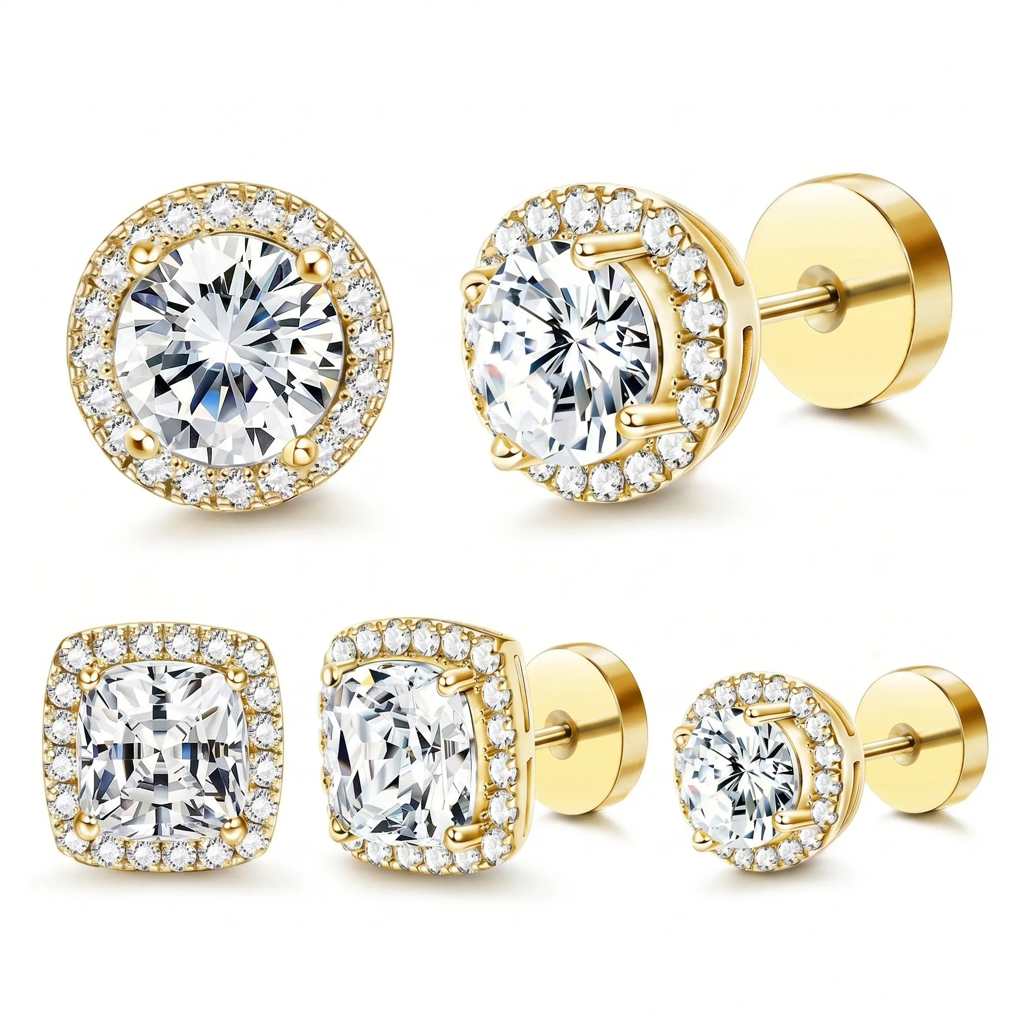 Women's Luxury Halo Zircon Stud Earring Set — Available in Gold/Silver Two-Tone and Round/Square Styles; Hypoallergenic Material — A Gift for Her; Includes Ear Backs and an Exquisite Jewelry Box — The Perfect Gift for Her.