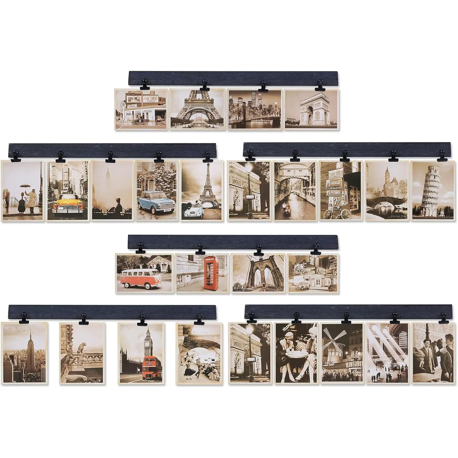 6 Picture Frames Collage Wall Decor With 30 Clips,  Photo Frame, No Drilling Required, Adhesive Stickers, Easy to Install, Black.