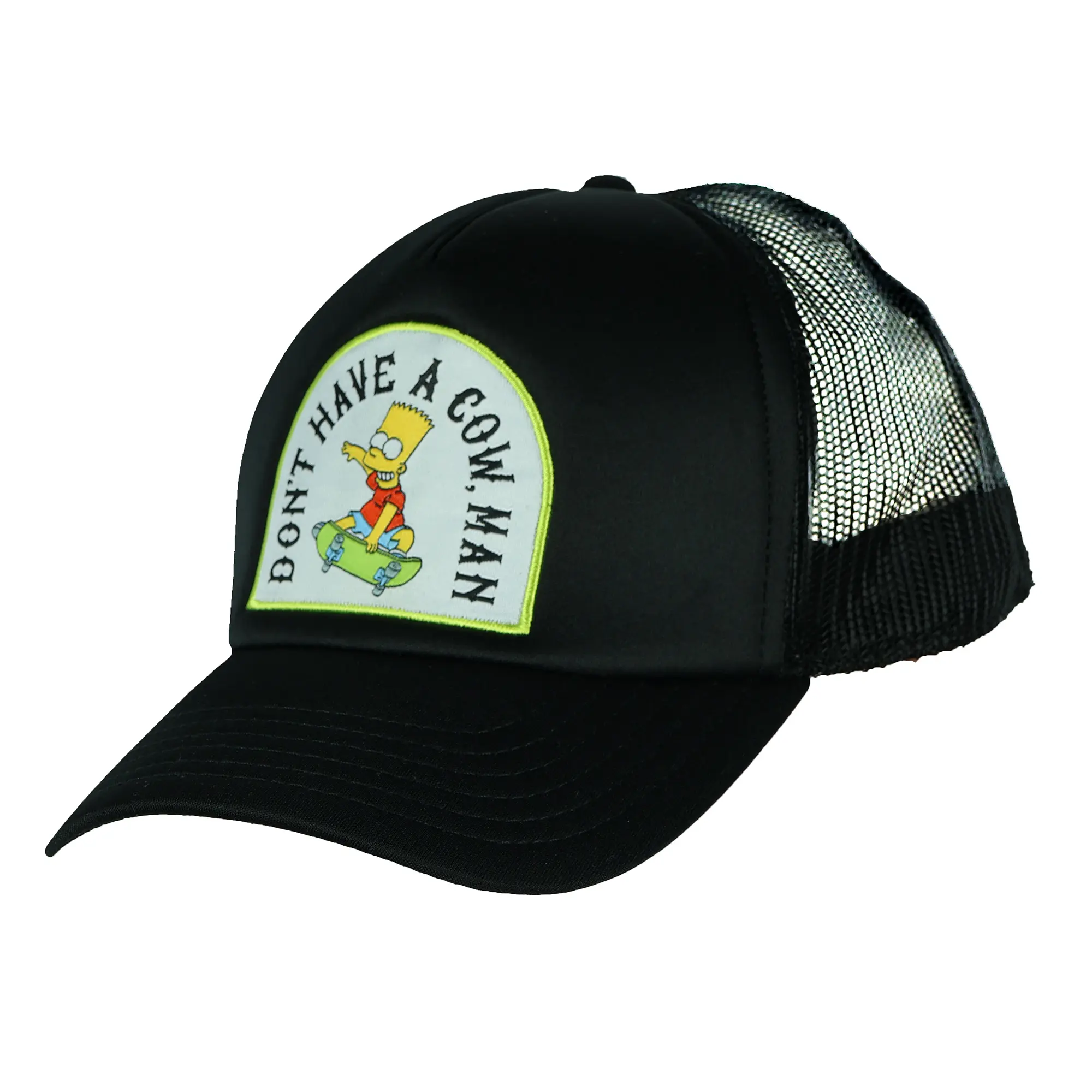 The Simpsons Bart Don't Have A Cow Embroidered Mesh Back Snapback Baseball Hat, Bart Patch, Trucker Cap