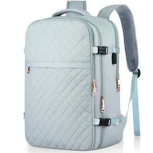 YAMTION 17.3 Inch Large Expandable Light Blue Quilted Laptop Backpack with USB Charging & Gold Hardware, Water Resistant Backpack for Women, Students, Work, Business & Daily Commute