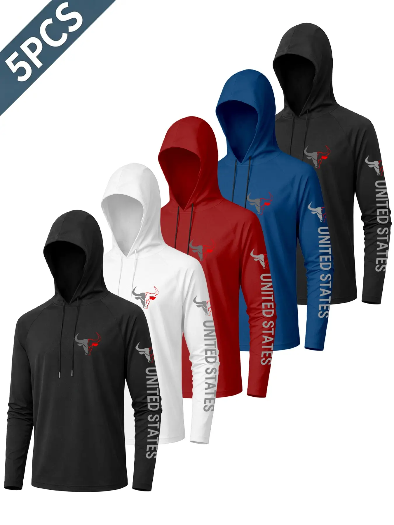 5-Pack Men's Bull Print Hooded Long Sleeve T-Shirts, Casual Fitted H-Type, Spring & Fall Wear, Ideal for Daily & Light Sports, Casual Sports Tops