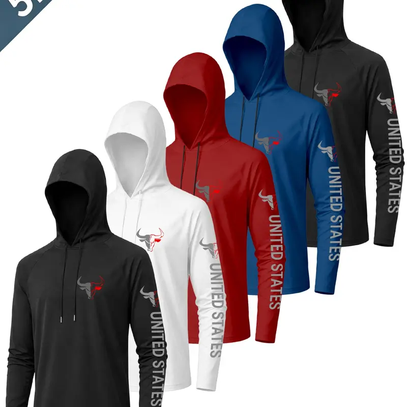 5-Pack Men's Bull Print Hooded Long Sleeve T-Shirts, Casual Fitted H-Type, Spring & Fall Wear, Ideal for Daily & Light Sports, Hoodie Clothing Tops