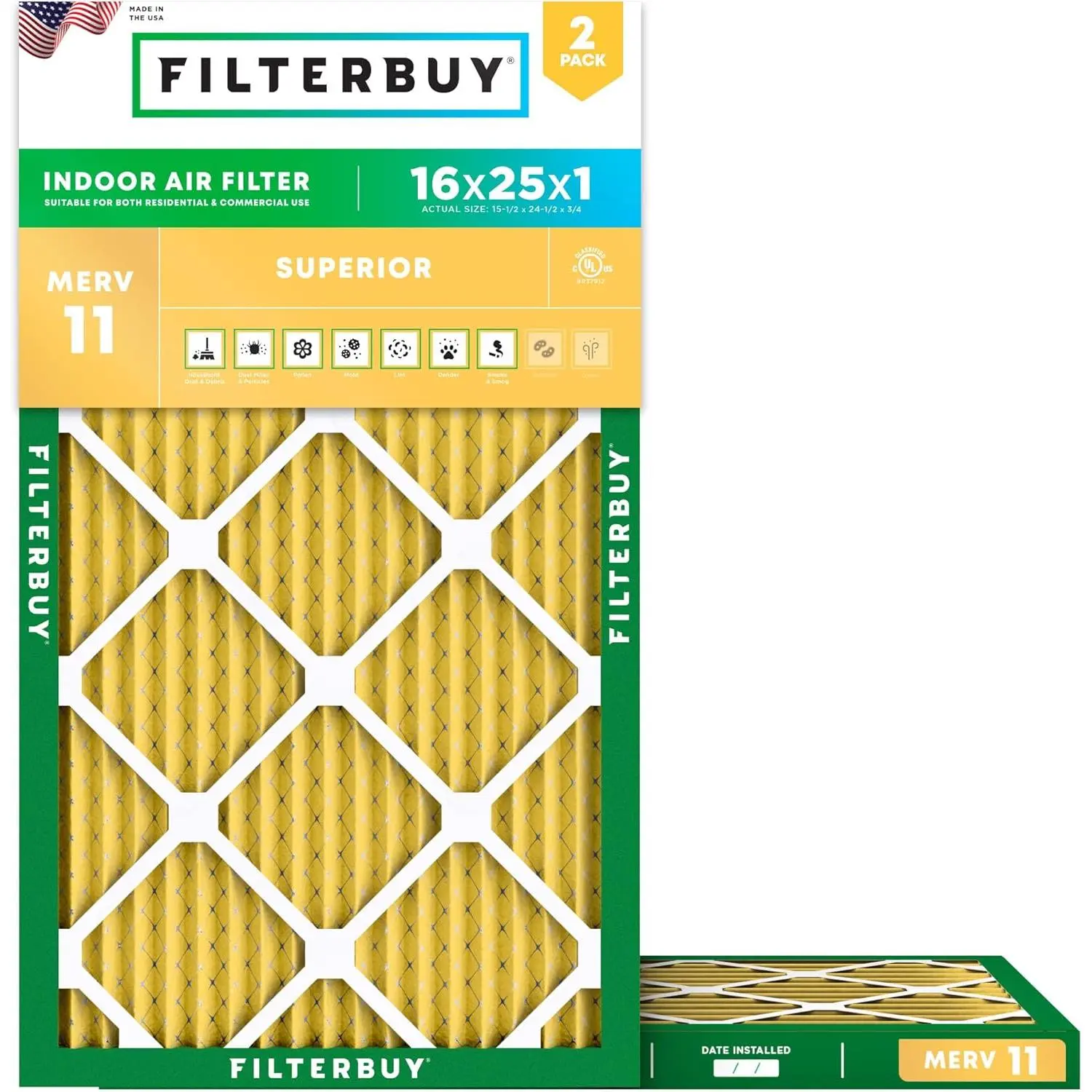 Filterbuy 16x25x1 Air Filter (2-Pack), Pleated MERV 11 Allergen Defense HVAC AC Furnace Air Filters (Actual Size: 15.50 x 24.50 x 0.75 Inches)