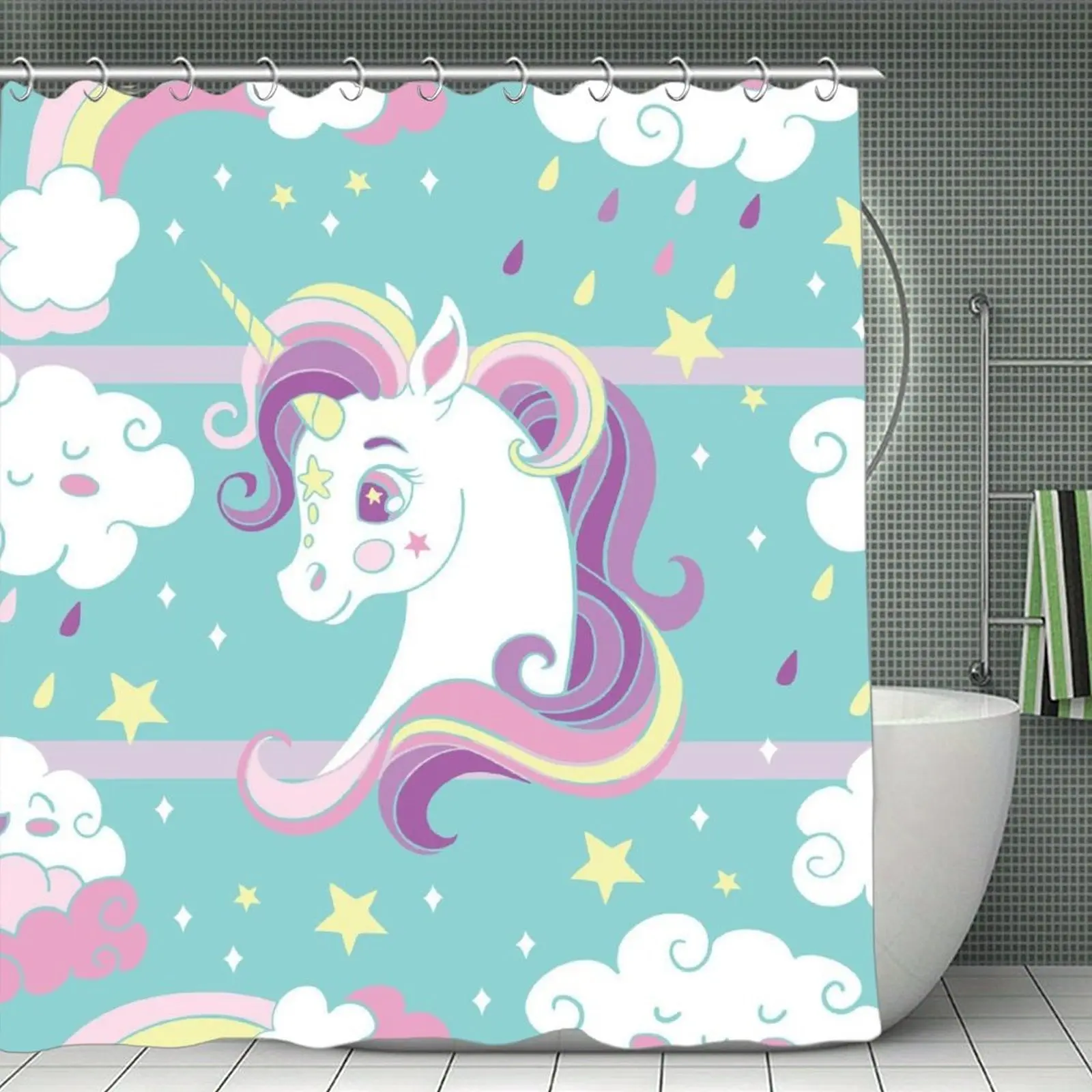 72x72 in Modern Polyester Fabric Shower Curtain Set for Girls, Animal-Themed Unicorn Design Print, Lightweight Waterproof Rainbow Heart Star, Plastic Easy-Installation Hooks Included, Bathroom Decor