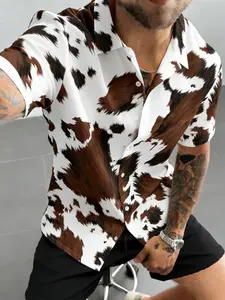 Men's Cow Print Short Sleeve Collared Button Front Shirt, Casual Summer Top, Trendy Fashion, Comfortable and Stylish, Perfect for Daily Wear
