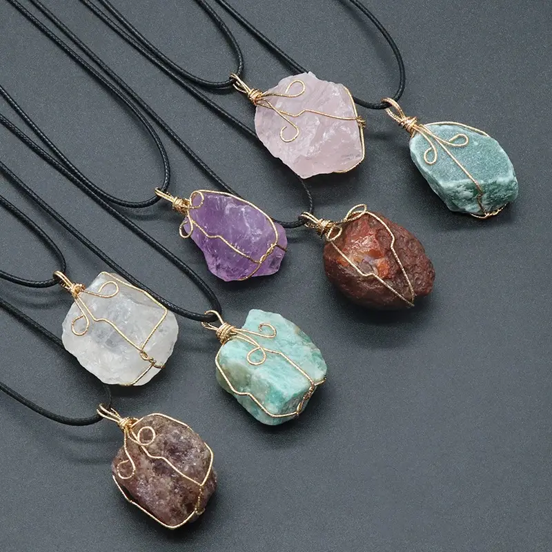 Natural Crystal Stone Wire-Wrapped Pendant Necklace | Unique Irregular Design