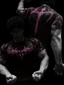 Men Women High Elasticity Short Sleeve Muscle Tee Shirt, Tight Fit Geometric Pattern, Quick-Dry Breathable Sportswear, Athletic Fashion Activewear