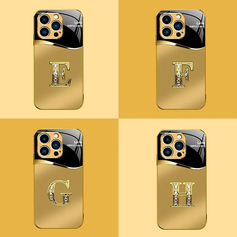 Gold Letter Glass Smartphone Case for iPhone 13 Pro Max - High-End Business-Style, Metal Paint Electroplating, Anti-Drop, Anti-Fingerprint, Affordable, Handheld Cellphone Protection for Devices