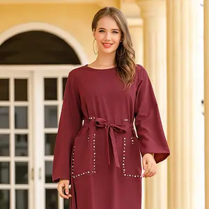 Dark red hand-sewn sequin casual women's dress with pockets, long sleeves and long skirt abaya