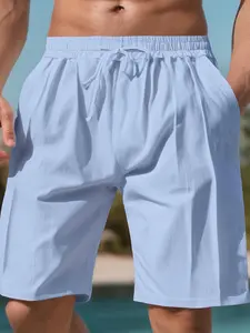 Men's Summer Linen Shorts, Breathable Casual Beach Sportswear, Loose Fit Five-Quarter Pants, Thin Pure Color Design, Drawstring Shorts