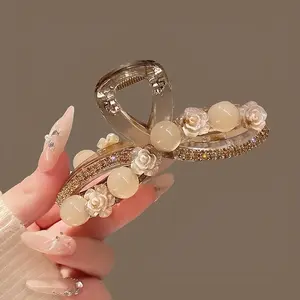 Women's Large-Size Plastic Claw-Shape Beaded Camellia Floral Print Hair Clip - Casual Accessory for Thick Hair Updo Back Styling