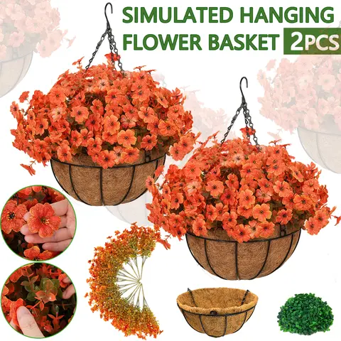 2 artificial plant flower baskets for autumn outdoor decoration, 2 hanging flower pots, 24 flowers, faux silk UV resistant appearance, autumn orange daisy eucalyptus tree, suitable for porch, courtyard, balcony, garden(2, Orange)