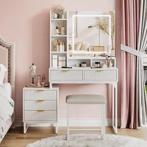 Vanity Desk, Makeup Vanity Set with Mirror and Adjustable Lights, 5 Drawers Vanity Table with Removable Side Storage Cabinet, Stool for Bedroom