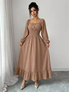 Spring & Fall Casual Lady Womenswear Square Neck Long Sleeve Ruched Waist Pleated Beach Vacation Mid-Length Solid Color Dress